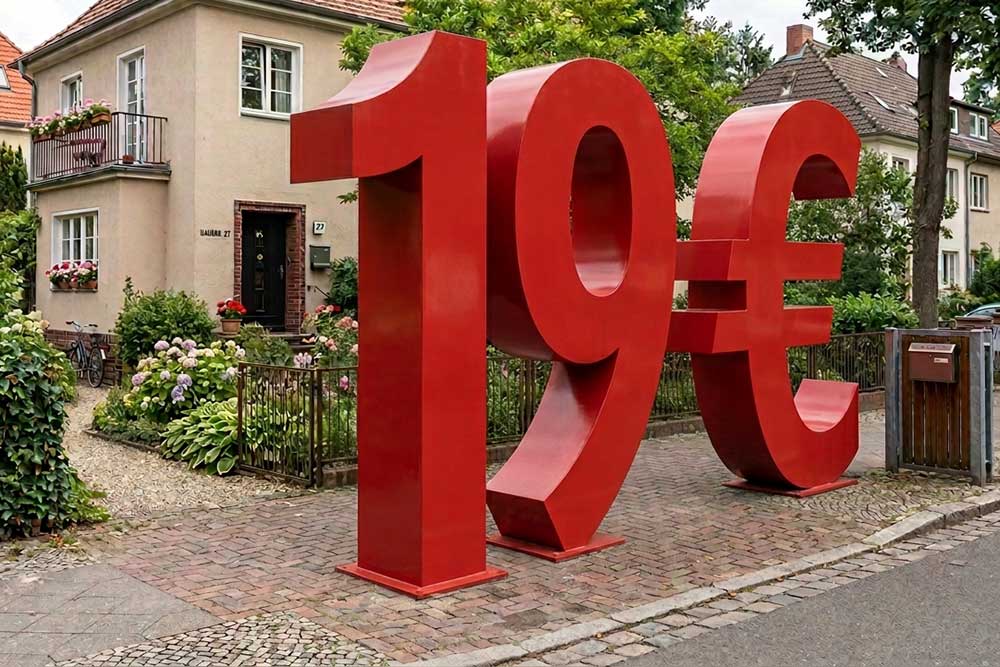 '19€' in groß und rot vor einem Mehrfamilienhaus.