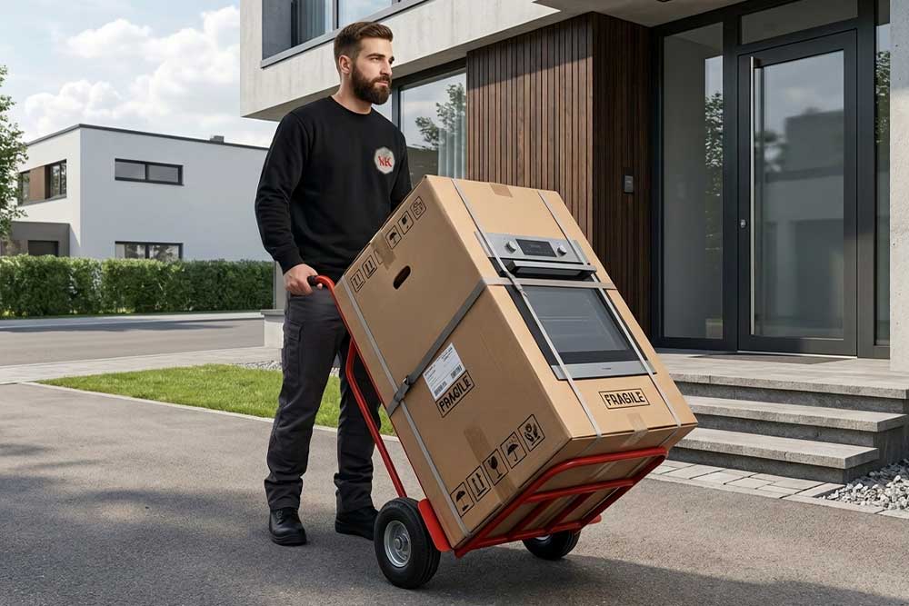 Ein Servicetechniker von MK Reparaturservice fährt einen eingepackten Backofen mit der Sackkarre vor ein Einfamilienhaus.