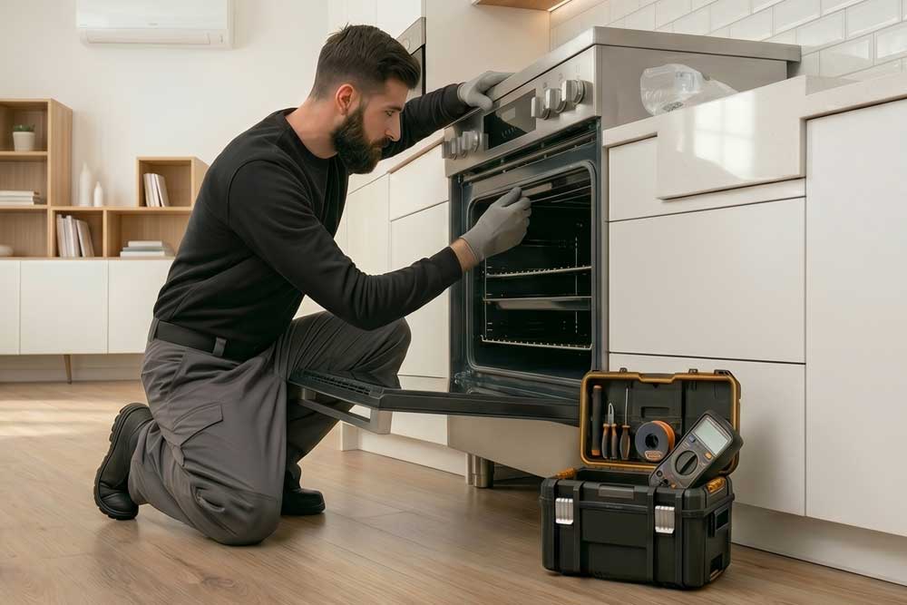 Ein bärtiger Servicetechniker kniet in einer hellen, modernen Küche und untersucht konzentriert einen geöffneten Backofen. Neben ihm steht ein professioneller Werkzeugkoffer mit einem Multimeter und verschiedenen Schraubendrehern für die fachgerechte Reparatur vor Ort.