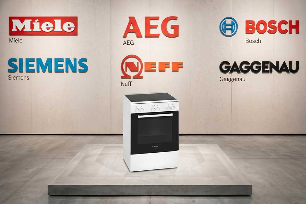 Ein weißer Kombiherd steht im Rampenlicht vor einer Wand, die Logos bekannter Marken wie Miele, AEG, Bosch, Siemens, Neff und Gaggenau zeigt. Das Bild symbolisiert die breite Expertise des Reparaturbetriebs für Geräte aller führenden Hersteller.