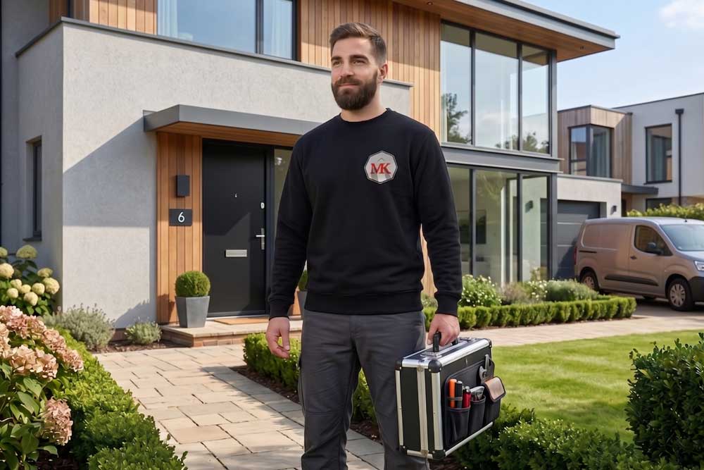 Professioneller Auftritt im Einsatz: Ein Techniker vom MK Reparaturservice steht mit seinem silbernen Werkzeugkoffer vor einem exklusiven, modernen Wohnhaus. Im Hintergrund parkt ein Service-Fahrzeug in der Einfahrt, bereit für den nächsten Auftrag beim Kunden.