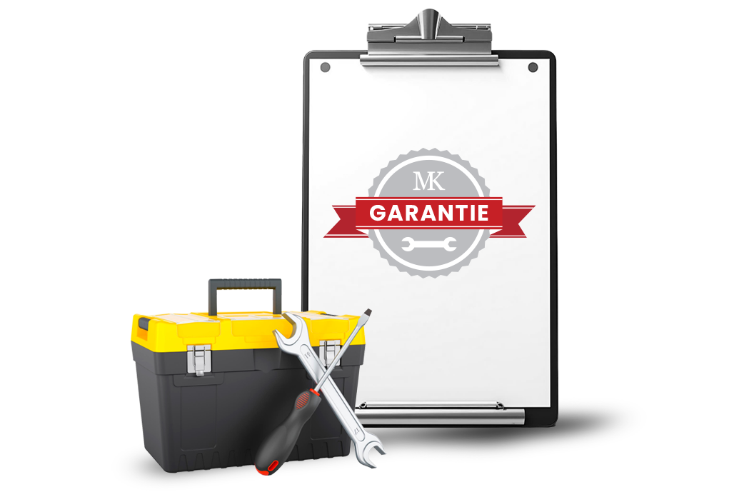 Klemmbrett mit Blatt auf dem ein Garantiesymbol ist, daneben steht ein Werkzeugkoffer mit einem Schraubenzieher und einem Schraubenschlüssel davor