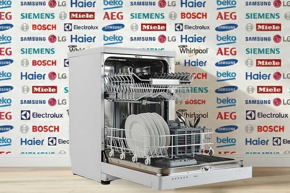 Ein Geschirrspüler steht vor einer Wand, die flächendeckend mit den Logos bekannter Hersteller wie Miele, Bosch, Siemens, Samsung und LG bedruckt ist.