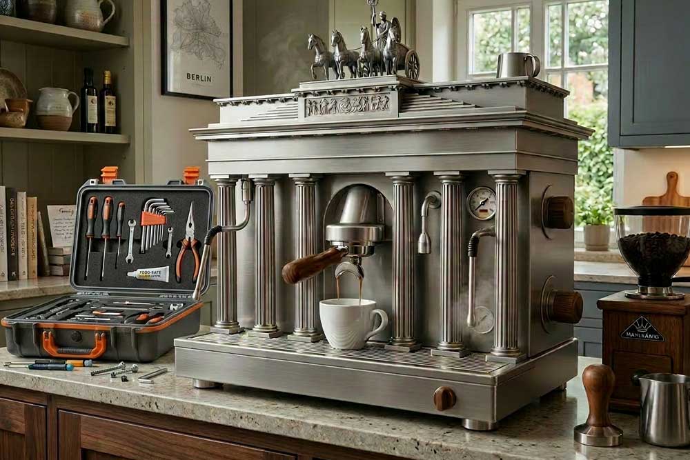 Eine Kaffeemaschine im Design des Berliner Brandenburger Tors mit einer Tasse Kaffee steht auf einer Küchenzeile neben einem geöffneten Werkzeugkoffer mit Schraubendrehern und Zangen.