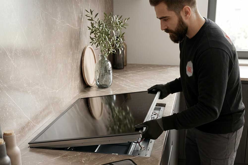 Ein Techniker im schwarzen Pullover mit dem Logo 'MK Reparaturservice' repariert ein Induktionskochfeld in einer Küche.