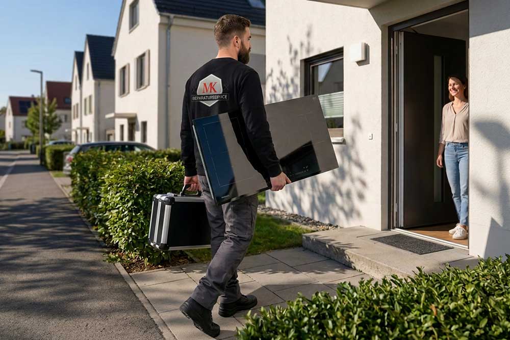 Ein Servicetechniker von MK Reparaturservice trägt ein Kochfeld und einen Werkzeugkoffer in ein Einfamilienhaus und wird am Eingang von einer Frau erwartet.