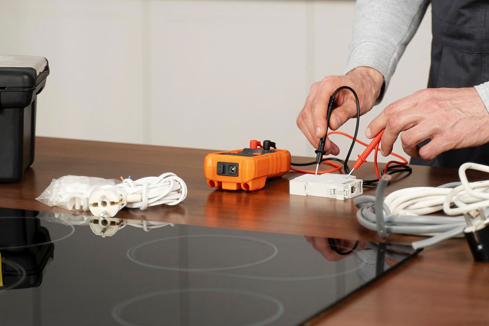 Neben einem Ceran-Kochfeld sieht man zwei Hände die ein Elektromessgerät bedienen