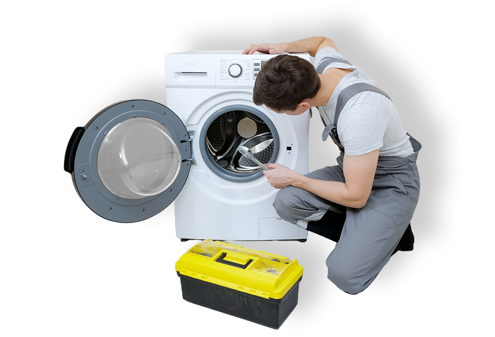 Techniker mit Schraubenschlüssel und Werkzeugkoffer vor einer geöffneten Waschmaschine