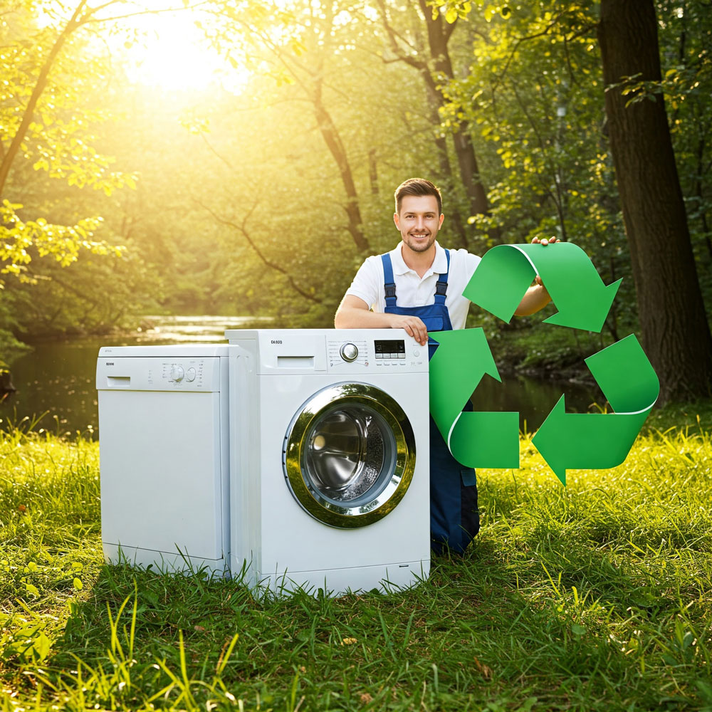 Ein Techniker hält ein Recyclingzeichen neben einer Waschmaschine und eines Geschirrspülers auf einer Waldlichtung
