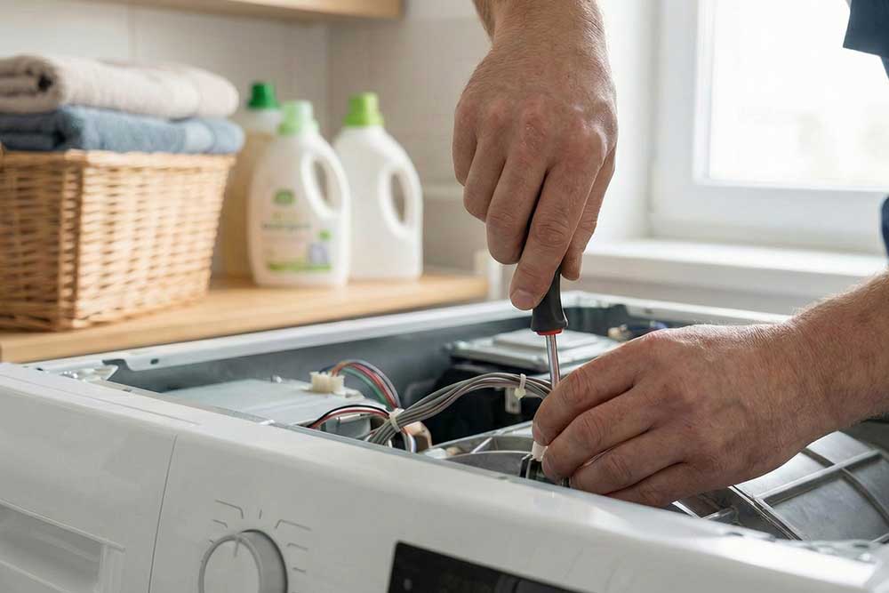 Ein Techniker führt eine Reparatur an einer geöffneten Waschmaschine durch, während er mit einem Schraubendreher an den internen Kabelverbindungen arbeitet. Im unscharfen Hintergrund stehen Waschmittel und ein Wäschekorb bereit.