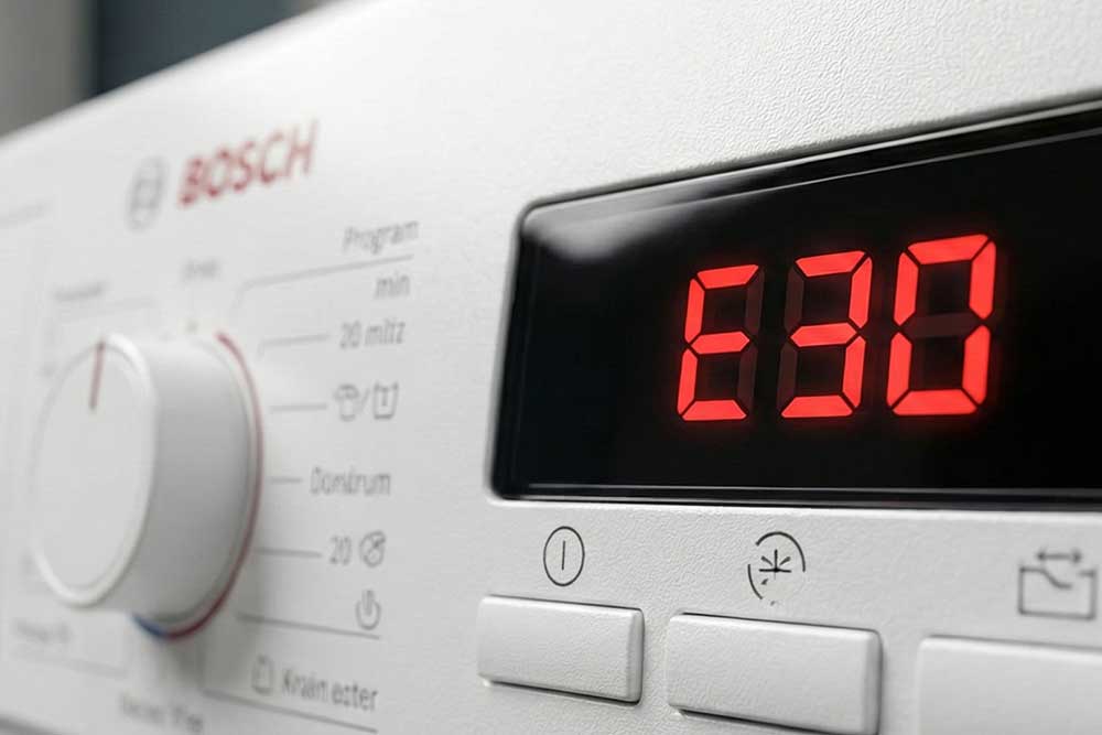 Detailansicht des Bedienfelds einer Bosch-Waschmaschine, auf dessen digitaler Anzeige der Fehlercode E30 in leuchtend roten Ziffern erscheint.